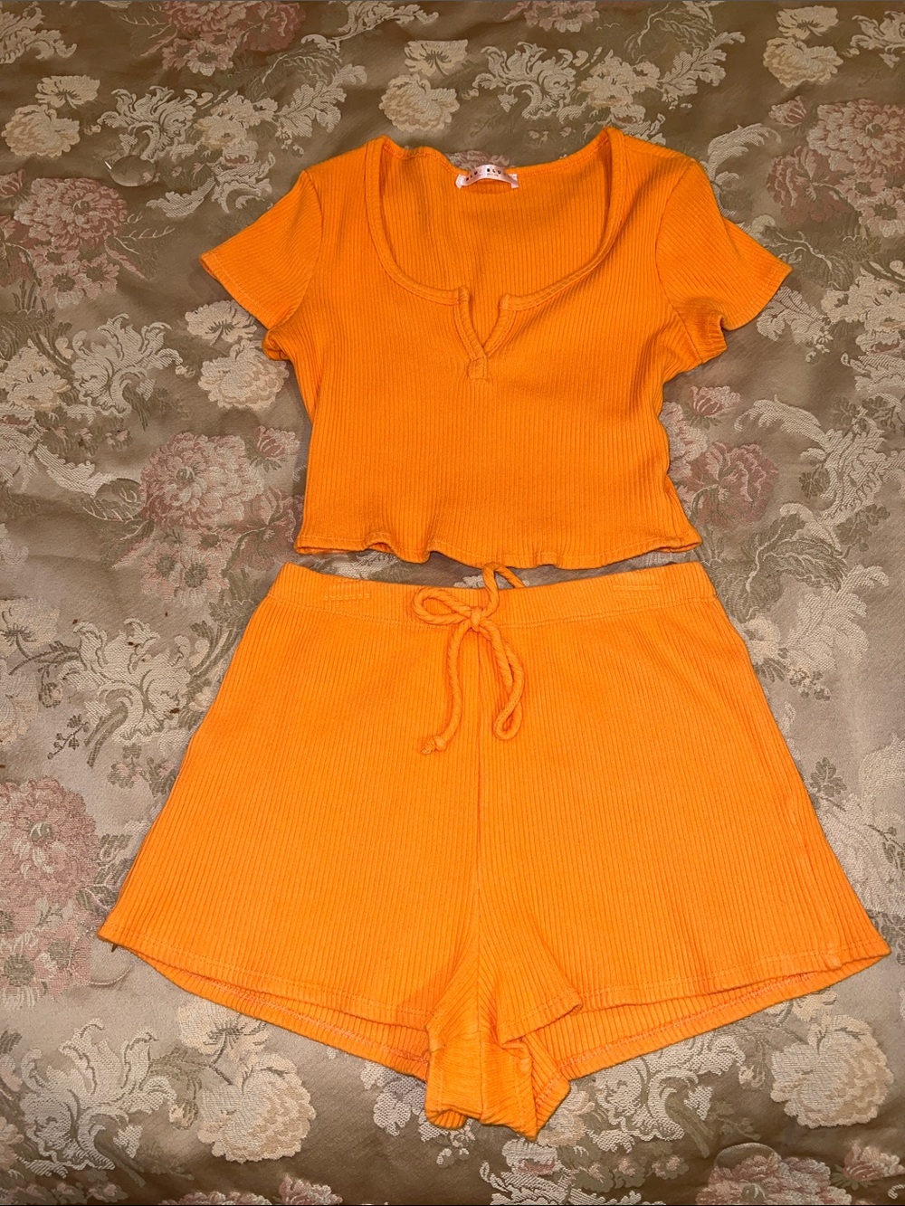 Ribbed Short Sleeve Lounge Set in Bright Orange